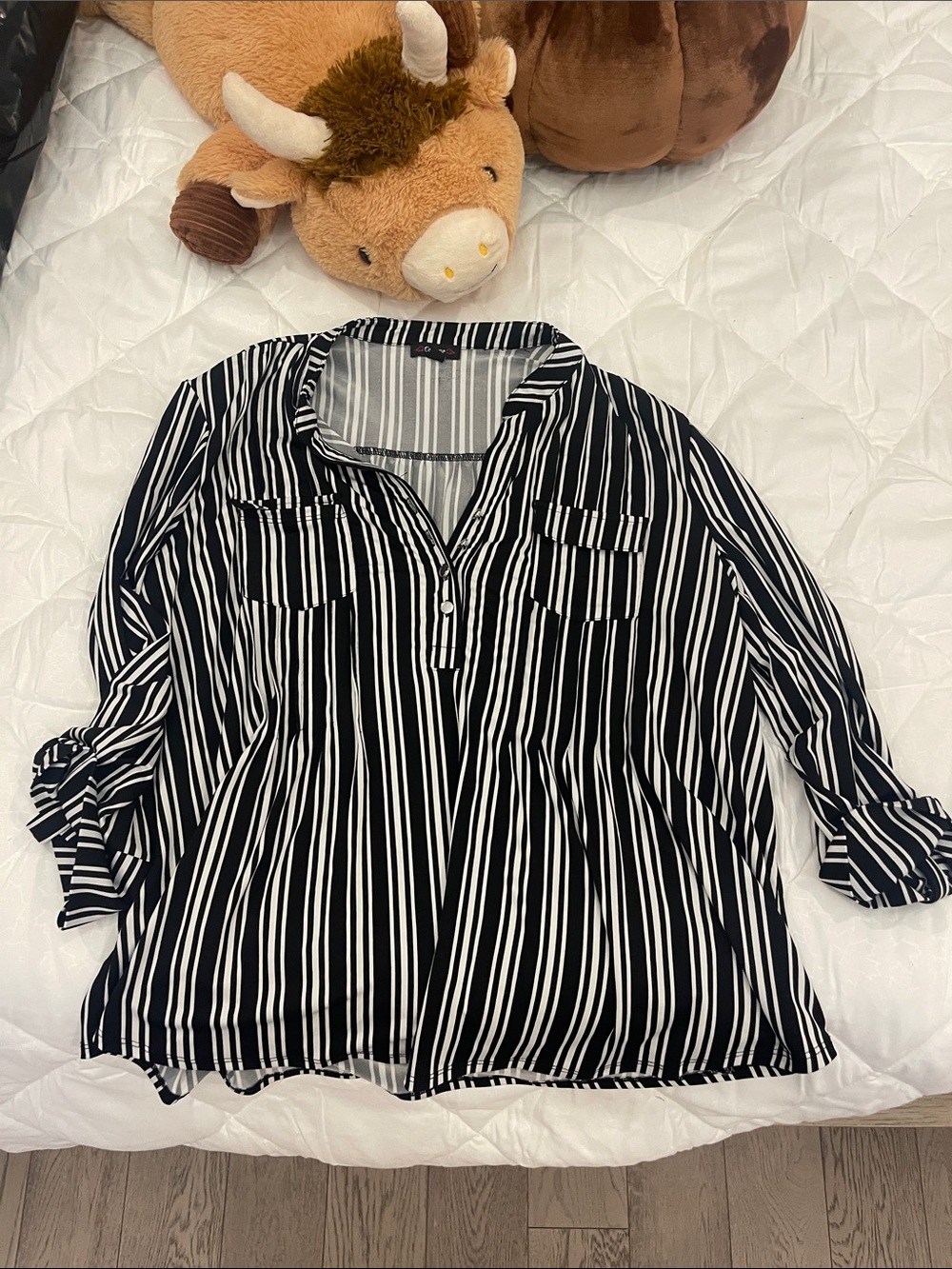 Black & White Striped Women's Blouse - Classic Button Front